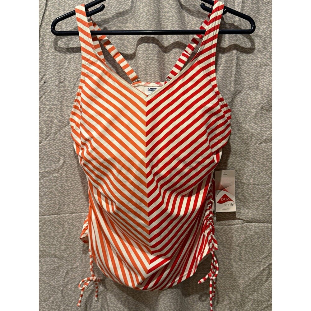 Lands' End Women's Striped Tankini Swim Top Built-In wired Bra 36 DDD red/coral